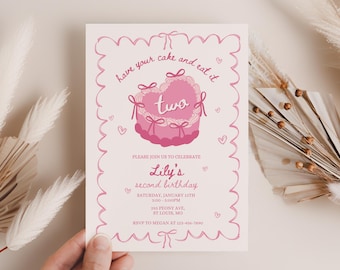 May include: Pink birthday invitation with a pink cake decorated with bows and the word "two" on it. The invitation says "Have your cake and eat it two" and includes the details for Lily's second birthday party.