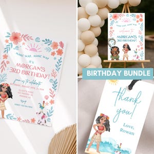 May include: A birthday party stationery bundle featuring a Moana-themed invitation, welcome sign, and thank you tag. The designs include watercolor illustrations of a girl, a pig, and a rooster, surrounded by floral borders in pink and blue.