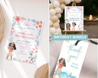 Moana Pool Party Geburtstags-Bundle Einladung, Willkommens- und Dankesanhänger, Luau-Einladung, Moana Geburtstagsparty 2., 3., 4., 5. Hei Hei Pua Pool Party