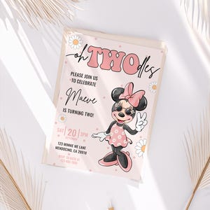 Convite de aniversário Oh Twodles, festa da Minnie Mouse, convite Oh Twoodles, modelo instantâneo digital de 2º aniversário da Minnie Girl Aquarela rosa
