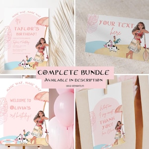 May include: A complete bundle of party supplies featuring a cartoon illustration of a Polynesian woman, a pig, and a rooster. The invitation reads "Taylor's Birthday!" and the welcome sign reads "Welcome to Olivia's 3rd birthday!" Other cards say "Thank You!"