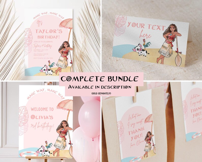 May include: A complete bundle of party supplies featuring a cartoon illustration of a Polynesian woman, a pig, and a rooster. The invitation reads "Taylor's Birthday!" and the welcome sign reads "Welcome to Olivia's 3rd birthday!" Other cards say "Thank You!"