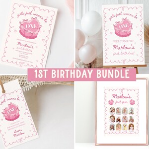 Girls Just Wanna Be One Invite, 1st Birthday Girl, Decor Bow First invitation Party, Cake Welcome Sign Milestone Thank you tags poster
