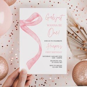 Girls Just Wanna Be One Invite, 1st Birthday Girl, Decor Bow Girls First invitation Party for 1st Bday, Vintage Cake Retro Pink Coquette