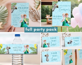 Invito per festa in piscina Frozen, invito per compleanno, estate, primavera, principessa Elsa, Anna, Olaf, 2°, 3°, 4°, 5°, decorazione, cartello di benvenuto, grazie, etichette regalo