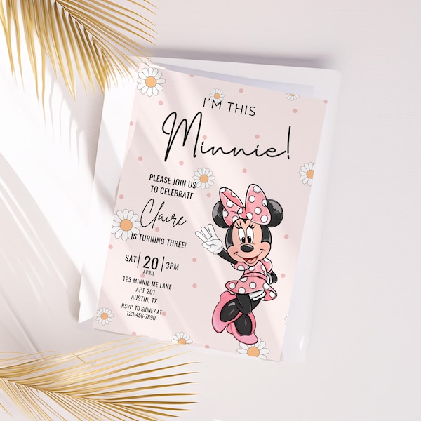 Minnie 3rd Birthday invitation, Minnie mouse party, Minnie Girl Third digital evite instant download pink dots three year old daisies Daisy