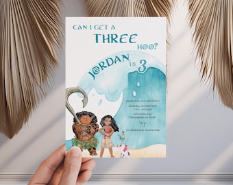 May include: A blue and white invitation card with a cartoon image of Moana and Maui from the Disney movie Moana. The text on the card reads "Can I get a Three Hoo? Jordan is 3".