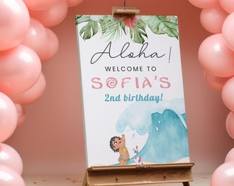 ベビーモアナの誕生日ウェルカムサイン、1歳、2歳、3歳、4歳、5歳、6歳、ルアウモアナアロハ、ヘイヘイオーシャンデコレーションウェルカムポスターデコレーションマウイの花