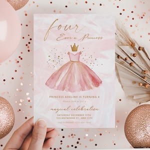 Prinses uitnodigen 4e verjaardag Vier ooit een prinses Verkleedjurken Sprookjesfeest uitnodiging afdrukbare pastel aquarel roze kasteeljurk afbeelding 1