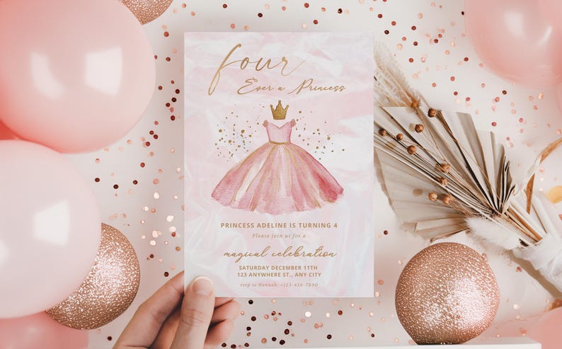 Prinses uitnodigen 4e verjaardag Vier ooit een prinses Verkleedjurken Sprookjesfeest uitnodiging afdrukbare pastel aquarel roze kasteeljurk afbeelding 1