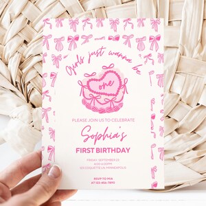 Girls Just Wanna Be One Invite, 1st Birthday Girl, Decor Bow Girls First invitation Party for 1st Bday, Pink Coquette Ribbon Wavy heart cake
