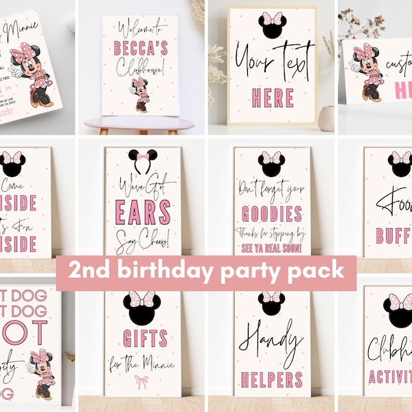Minnie 2nd Birthday invitation bundle, mouse party, Twoodles Twodles Minnie Girl Second digital invite download decor welcome ears hotdog