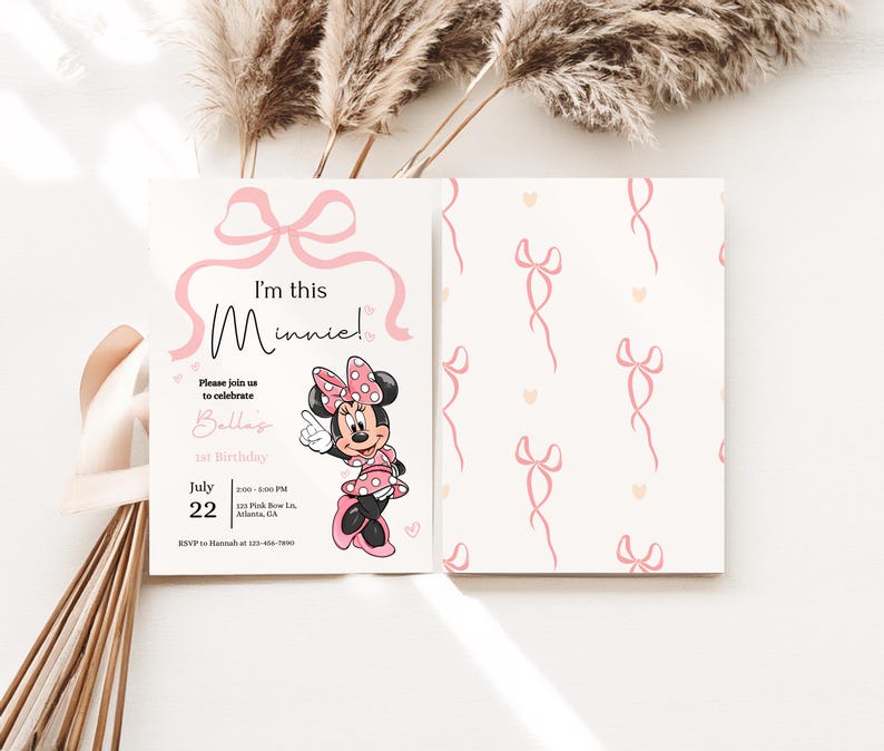 Minnie 1st Birthday invitation, Minnie mouse party, First Bday Invite, Girl birthday digital instant download One Pink Bow, Girls just wanna image 3