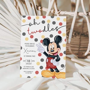 May include: A birthday invitation featuring Mickey Mouse with red, yellow, and gray polka dots. The text reads "oh twodles" and "Xavier is turning two!" with details for the party.