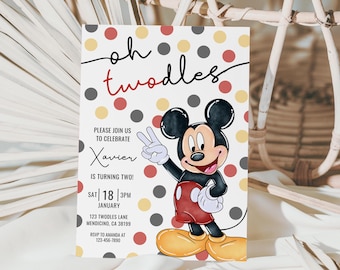 May include: A birthday invitation featuring Mickey Mouse with red, yellow, and gray polka dots. The text reads "oh twodles" and "Xavier is turning two!" with details for the party.
