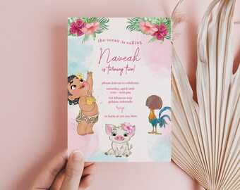 Baby Moana Birthday invitation, Moana first birthday party, luau moana Invite, 1st 2nd birthday hei hei ocean calling pua wave watercolor