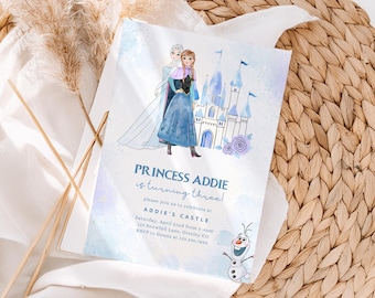 Gefrorene Geburtstagseinladung, Prinzessin Elsa Anna Olaf Party, Gefrorene Einladen, Aquarell Schloss Blau Lila Mädchen 2.3.4.5