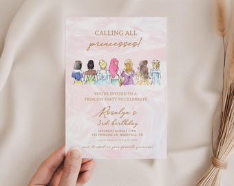 Invitación de cumpleaños de princesa, Érase una vez, invitación de cuento de hadas, niña del castillo 2.º 3.º 4.º 5.º 6.º llamando a todas las princesas, fiesta de disfraces congelada