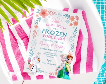 Frozen Summer Party Birthday invitation, Pool party Princess Elsa Anna Olaf Invite  2nd 3rd 4th 5th pink blue girl decor instant download