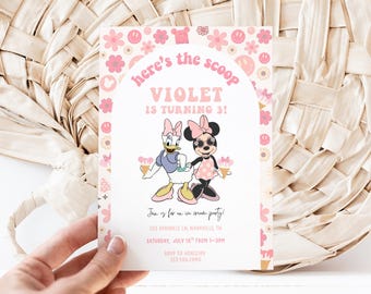 Ice Cream Birthday invitation, Oh Twodles Invite, Girl 2nd Minnie Daisy groovy friends BFFs here's the scoop ears 2nd 3rd Summer pool party