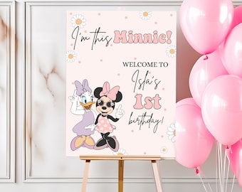 Minnie och Daisy 1-årsdags välkomstskylt, Mimmi Pigg-fest, första födelsedagsdekor, flicka digital direktnedladdning rosa groovy prästkragar bästa vänner