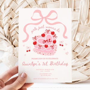 Girls Just Wanna Be One Invite, 1st Birthday Girl, Decor Bow Girls First invitation Party, Vintage Cherry Cake Retro Pink fun Cherries
