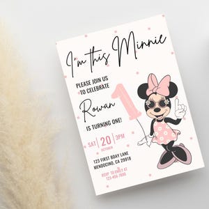 Invitación de primer cumpleaños de Minnie, fiesta de Minnie Mouse, invitación de primer cumpleaños, descarga instantánea digital de cumpleaños de niña, globo con lunares rosados imagen 4
