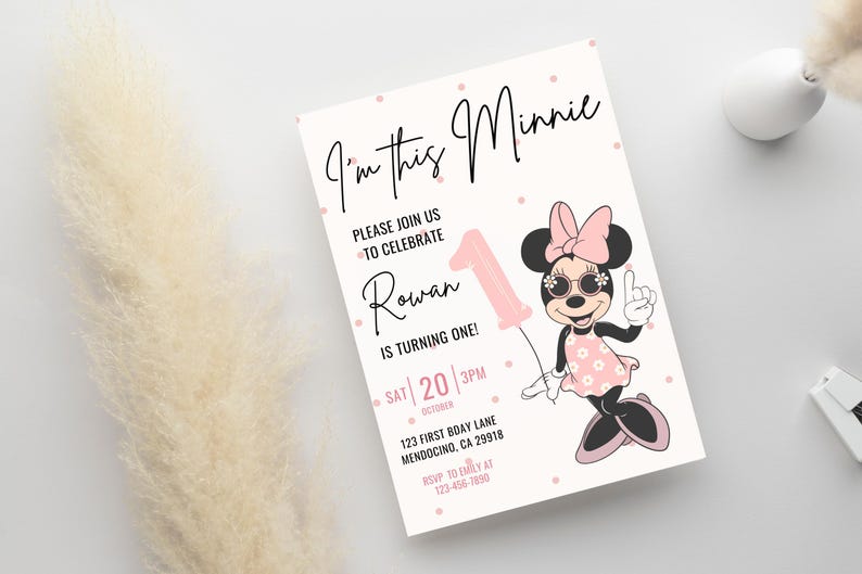 Invitación de primer cumpleaños de Minnie, fiesta de Minnie Mouse, invitación de primer cumpleaños, descarga instantánea digital de cumpleaños de niña, globo con lunares rosados imagen 4