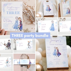 May include: A Frozen-themed party bundle with a variety of printable items, including invitations, food labels, and a welcome sign. The design features a light blue background with snowflakes and illustrations of Elsa, Anna, and Olaf.
