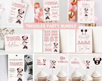 Inbjudan till födelsedag med Minnie Mouse-motiv, två groovy Oh Twoodles-motiv, digital nedladdning för flickans 2-årsdag, rosa prästkrage