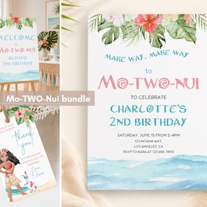 May include: A party invitation and thank you tag set featuring watercolor tropical foliage, hibiscus flowers, and ocean waves. The text reads Make way, make way to Mo-Two-Nui to celebrate Charlotte's 2nd birthday, with event details and a character illustration.
