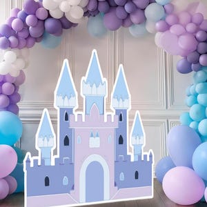 Castillo grande decoración recorte png princesa fiesta de cumpleaños congelado fondo de foto imprimible instantáneo púrpura azul hielo nieve invierno arco de globos