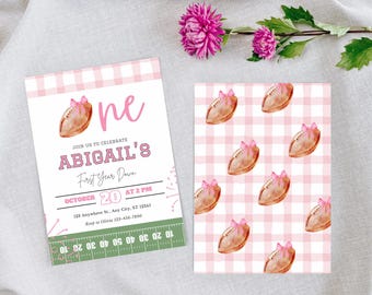 Pink Football 1st Birthday Invitation, Girl First Year Down Football Party Invite, Editable Football Field Birthday Invitation Template