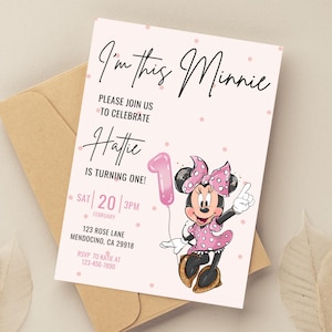 Invitación de primer cumpleaños de Minnie, fiesta de Minnie Mouse, invitación de primer cumpleaños, cumpleaños de niña, descarga instantánea digital, globo de puntos rosas, un año imagen 1