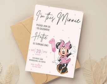 Minnie 1st Birthday invitation, Minnie mouse party, First Bday Invite, Girl birthday digital instant download pink dots balloon one year old
