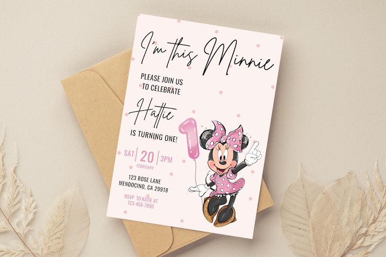 Invitación de primer cumpleaños de Minnie, fiesta de Minnie Mouse, invitación de primer cumpleaños, cumpleaños de niña, descarga instantánea digital, globo de puntos rosas, un año imagen 1