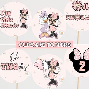 Oh Twodles Birthday Cupcake Toppers, Minnie mouse party, Oh Twoodles Cake Decor, Minnie Girl 2nd birthday instant template Pink Groovy Daisy