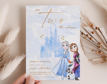 Gefrorene Geburtstagseinladung, Prinzessin Elsa Anna Olaf Partyeinladung, Aquarell 2