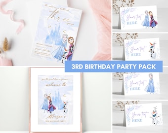 Frozen Birthday invitation, Princess Elsa Anna Olaf party invite, Watercolor 3rd minimal modern digital Cold Never Bothered Three Anyway