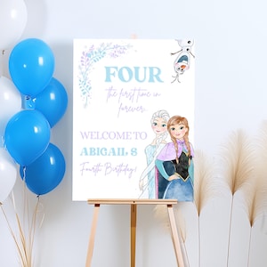 Placa de boas-vindas de aniversário Frozen, decoração para festa da princesa Elsa Anna Olaf, pôster digital do quarto aniversário, a primeira vez para sempre. Decorações de quarto aniversário.