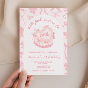 Girls Just Wanna Be One Invite, 1st Birthday Girl, Decor Bow First invitation Party for 1st Bday, Vintage Cake Retro Pink fun Coquette