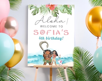 Panneau de bienvenue d'anniversaire de Moana 2, 1er 2e 3e 4e 5e 6e luau moana aloha, hei hei océan déco bienvenue affiche décorations Maui vagues fleurs