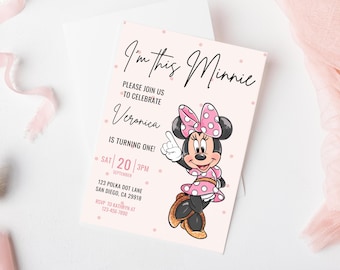 Minnie 1st Birthday invitation, Minnie mouse party, First Bday Invite, Girl birthday digital instant download pink dots groovy balloon one