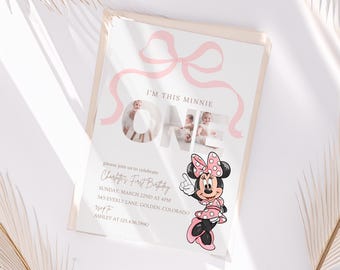 Minnie 1st Birthday invitation, Minnie mouse party, First Bday Invite, Girl birthday digital instant download One Pink Bow, Girls just wanna