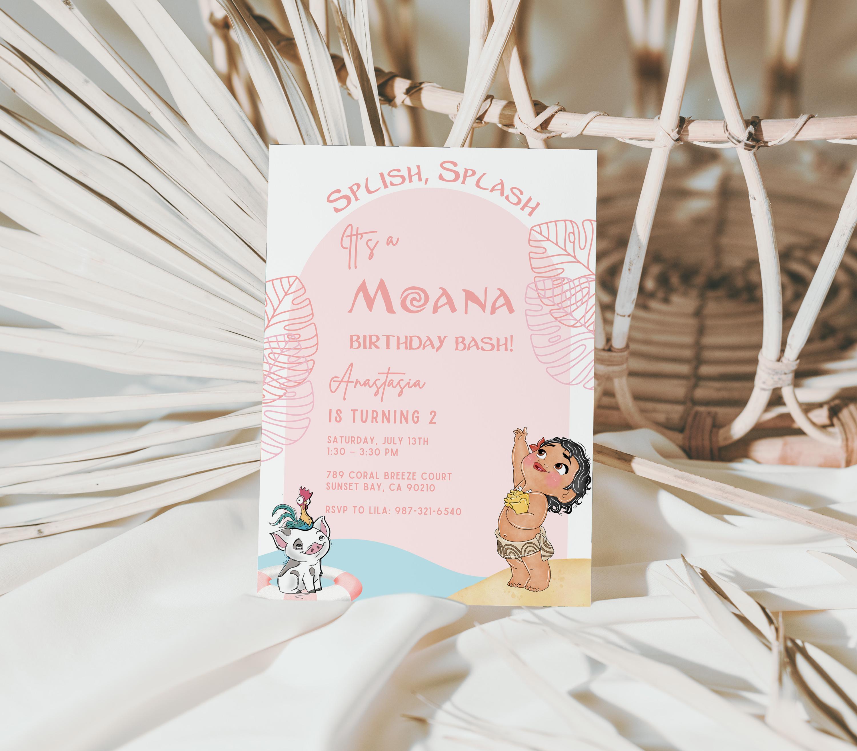 Baby Moana Birthday invitation, Moana first birthday party, luau moana Invite, 1st 2nd hei hei ocean calling pua wave watercolor pool party