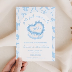Blue Girls Just Wanna Be One Invite, 1st Birthday Girl, Decor Bow Girls First invitation Party for 1st Bday, Vintage Cake Retro Preppy fun