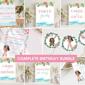 May include: A complete birthday party decoration bundle featuring tropical floral and ocean wave motifs. Includes signs for Welcome to Mo-Two-Nui, Party Favors, Cards and Gifts, Food and Drinks, Thank You, invitations, and circular character toppers.