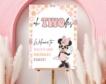 Letrero de bienvenida de cumpleaños de Oh Twodles, fiesta de Minnie Mouse, invitación genial de Oh Twodles, descarga instantánea digital de margaritas rosas para el segundo cumpleaños de una niña