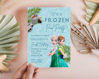 Frozen Pool Party Birthday invitation, Summer Spring Princess Elsa Anna Olaf Invite  2nd 3rd 4th 5th template girl decor instant download