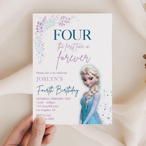 Four the First time in Forever Frozen Birthday invitation, Princess Elsa Anna Olaf party, Frozen Invite, 4th birthday girl blue snowflakes